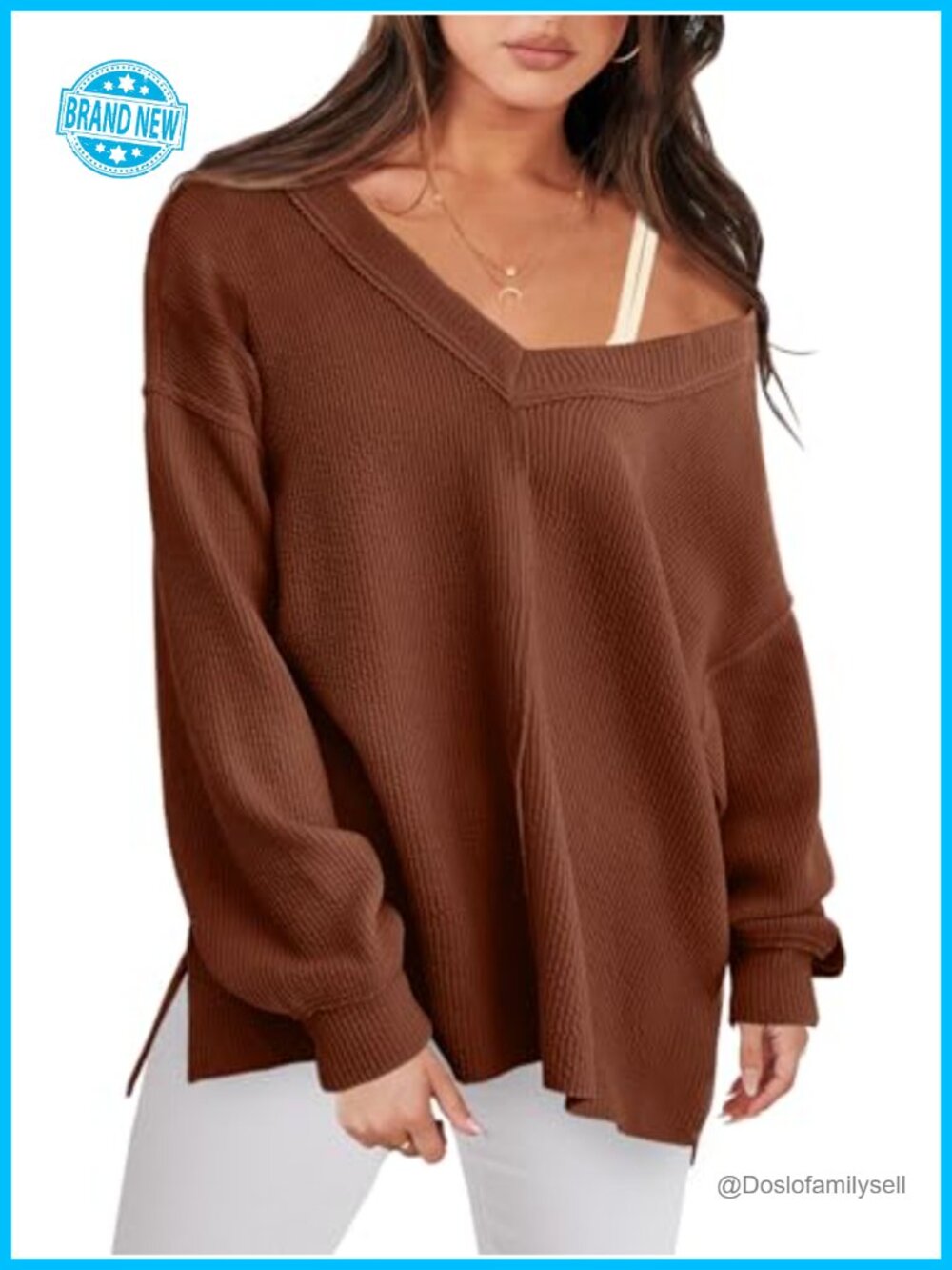 Oversized V Neck Sweatshirt Pullover with Drop Shoulder Long Sleeves